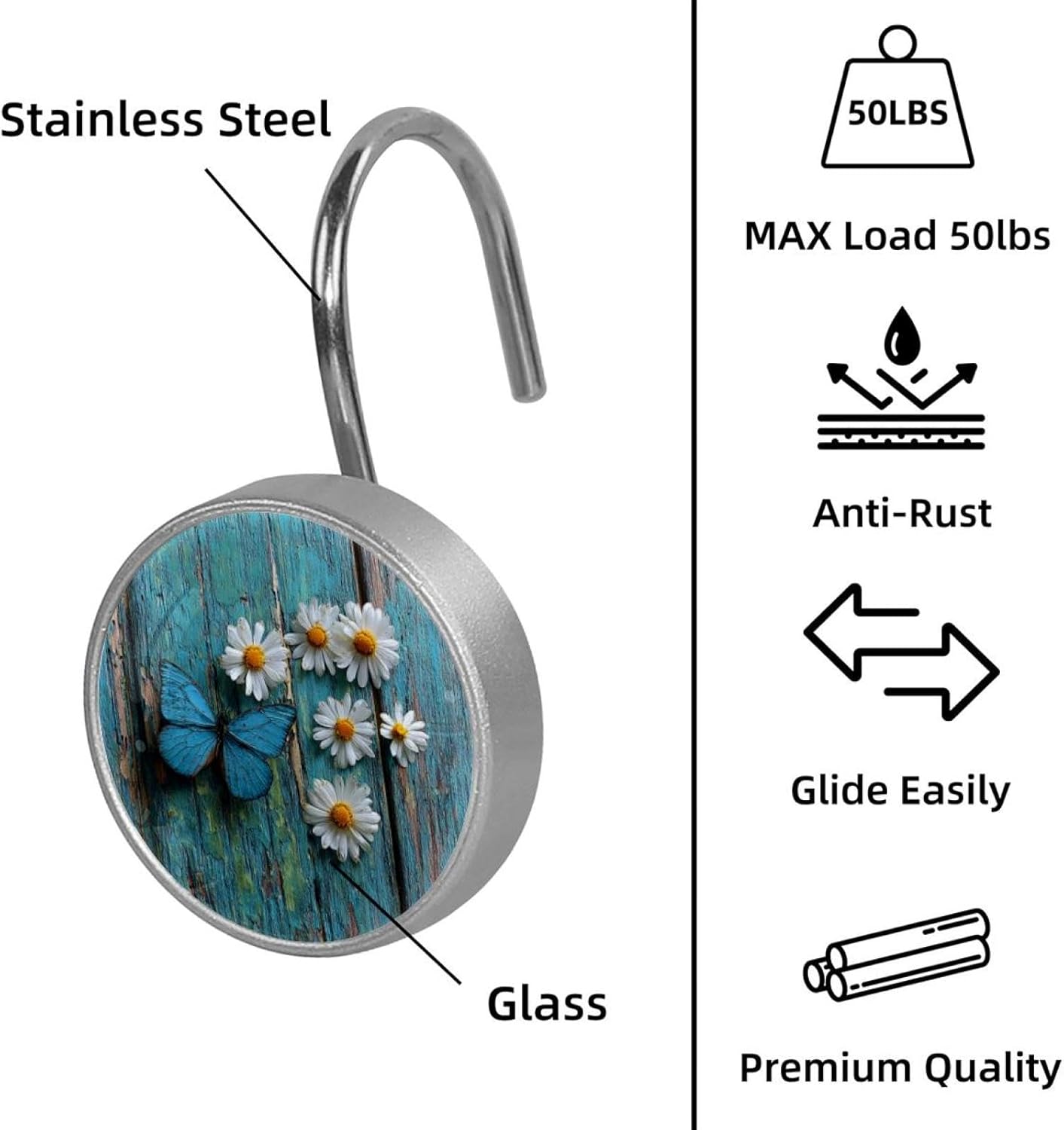 Daisy Butterfly on Rustic Teal Wooden (1) Shower Curtain Hooks - Set of 12 Shower Curtain Rings - Shower Hooks for Bathroom Shower Rods Curtains and Liners