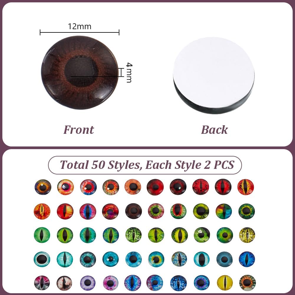 AHANDMAKER 100 Pcs 50 Styles Animal Eye Glass Cabochons, 12mm Cat Eyes for Craft, Half Round Flatback Evil Eye Cabochon for DIY Jewelry Making Cameo Pendants Art Dolls
