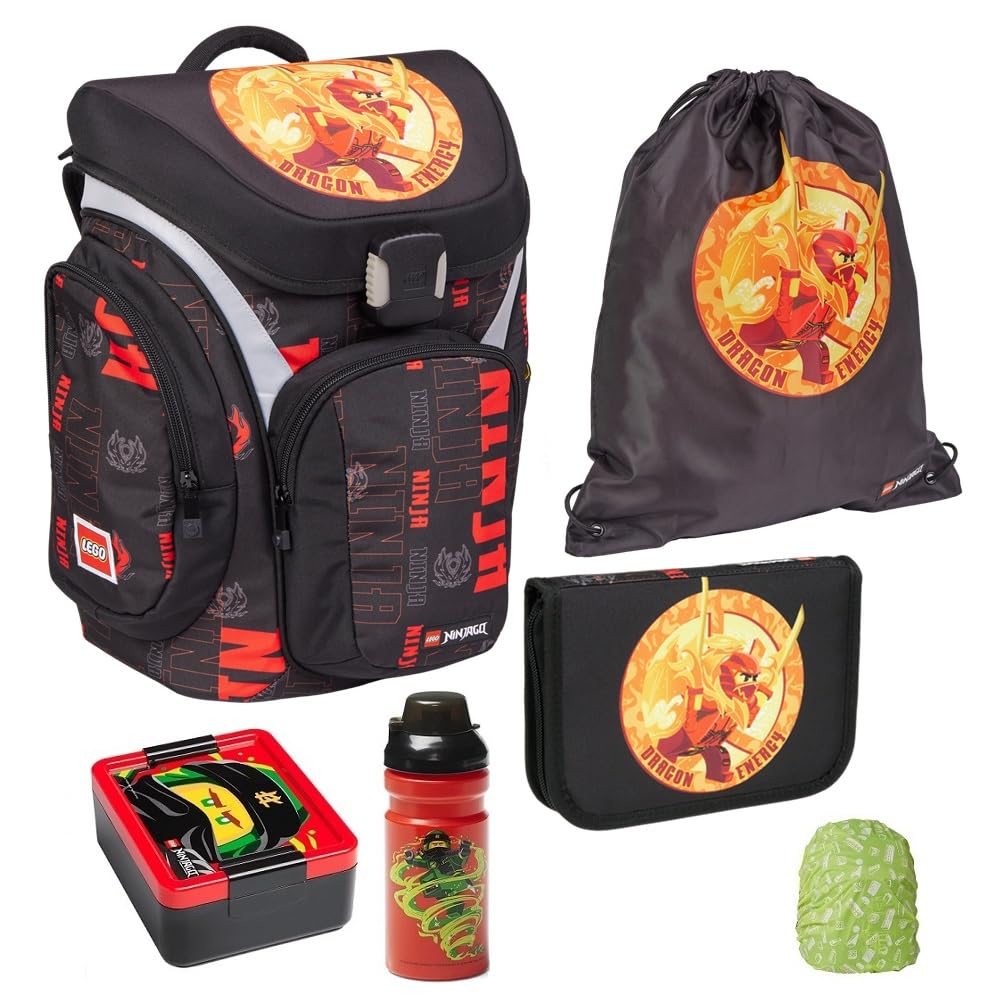 Familando - Schulranzen Set 6-teilig - Lego Ninjago Dragon Energy - Ergonomisch, stabil & mit gepolstertem Rücken - 1.310g leicht mit 16L Volumen - wasserabweisend und mit Reflektoren