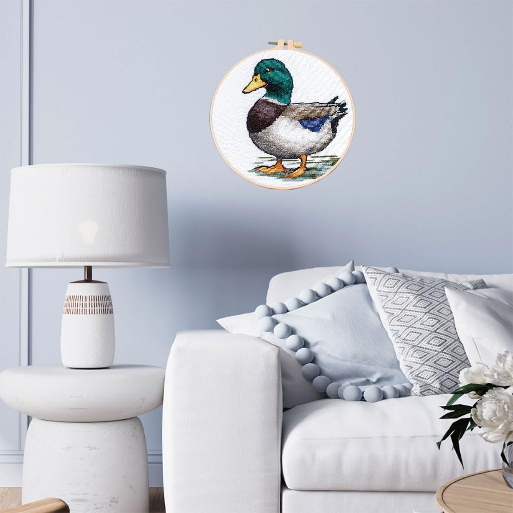 DIY Cross Stitch Kits Wild Duck Mallard Easy for Beginners with Hoop 11CT Needlepoint Embroidery Stamped Counted Cross Stitch Set Craft Wall Decor 20x20cm-2