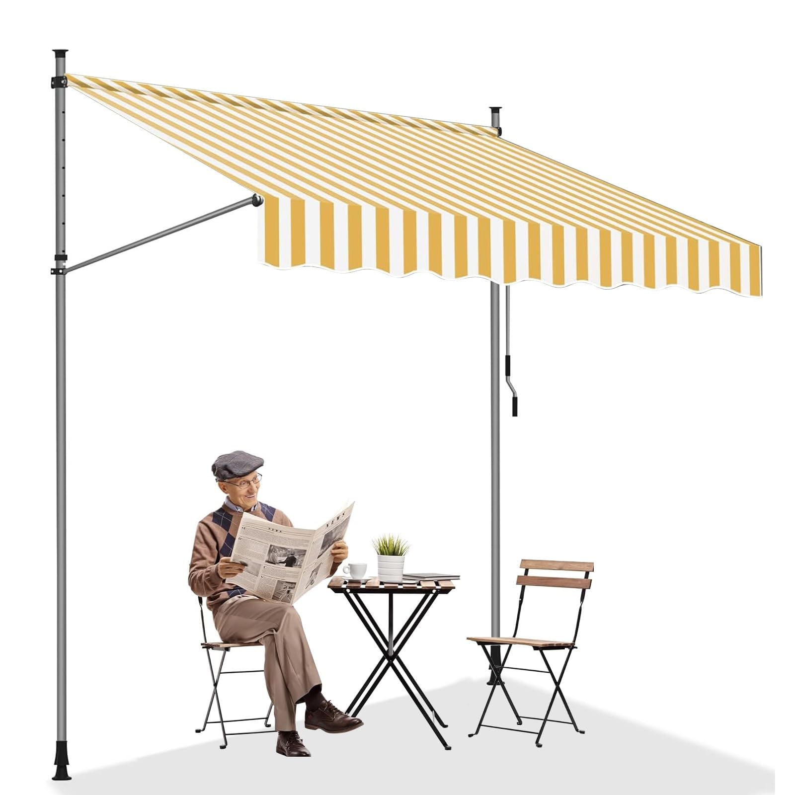Toldo manual retráctil de 300 cm impermeable y con manivela amarillo y blanco