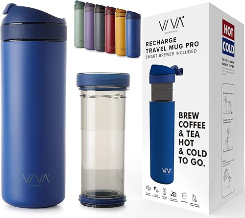 VIVA Recharge - Taza de té y café aislada azul y cafetera de prensa francesa de viaje, 16 onzas, prepara y bebe de la misma taza de café sobre la