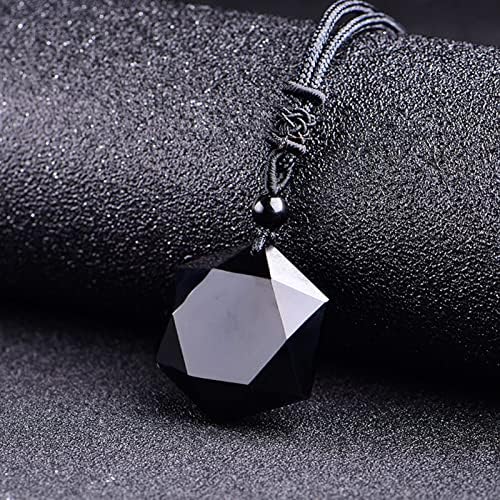 Black Obsidian Pendant Necklace, Hexagram Pendant Necklace Amulet Star Stone Necklace Hexagonal Stone Black Healing Crystal Necklace Reiki Necklace Black Gemstone Necklace for Women Men Teen Girls
