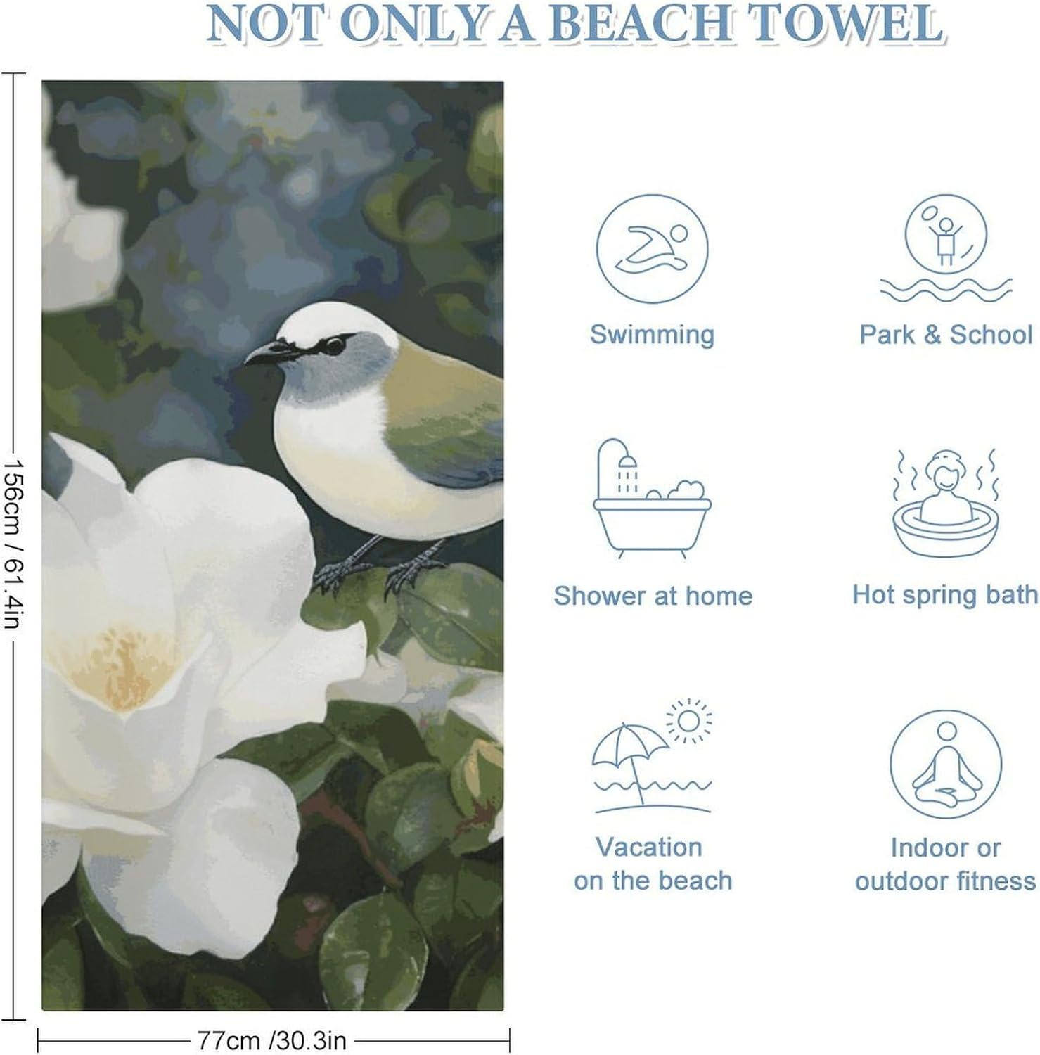 Gardenia Flowers Birds Oversized Beach Towel Set 31x 61 in image 2