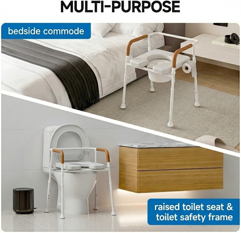 3-in-1 Bedside Commode for Seniors | 350 lbs Heavy Duty Iron Commode Chair with Padded Arms & Seat, Sturdy Toilet Safety Frame & Raised Toilet Seat, Height Adjustable, Bucket, Splash Guard