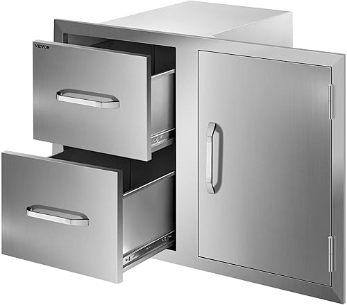 VBENLEM Cajones de cocina para exteriores, 32.5 x 21.6 pulgadas, puerta de acceso de acero inoxidablecajones dobles con toallero de papel para isla