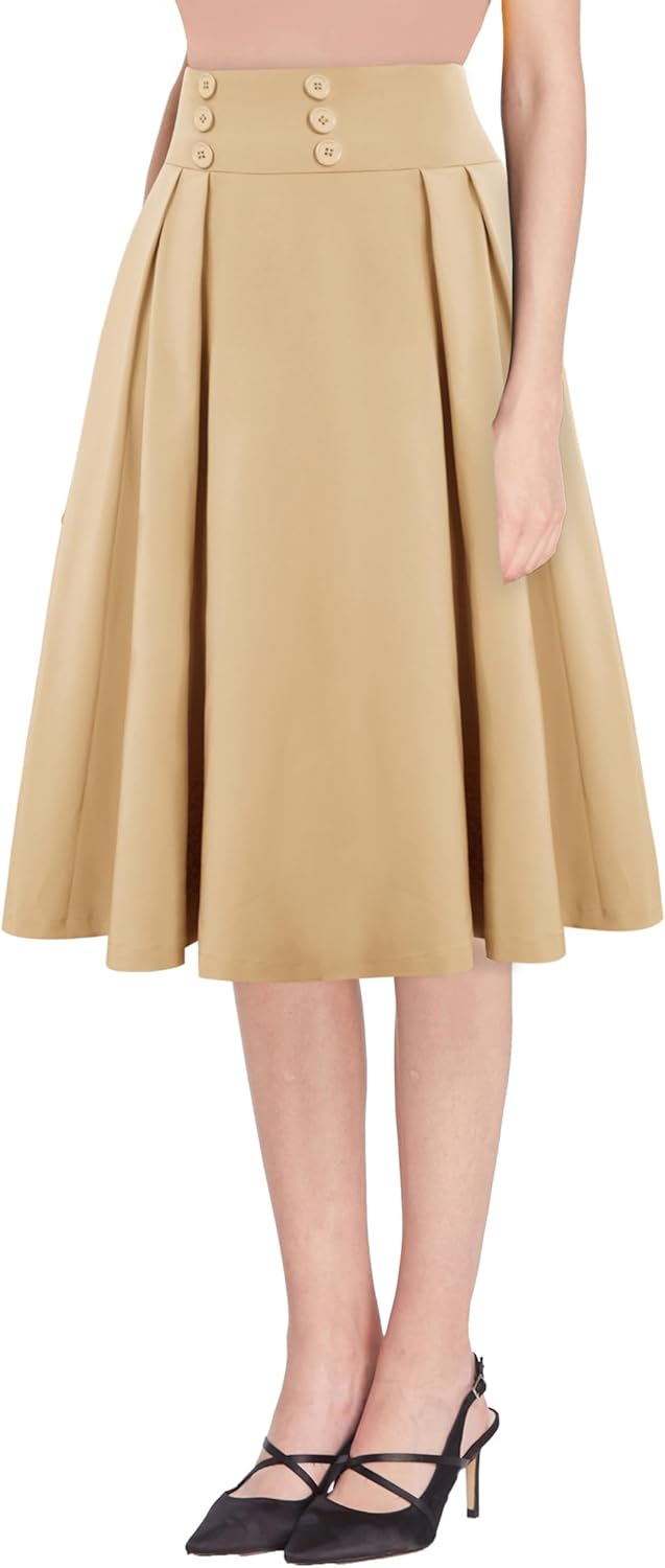 Belle Poque Women's Vintage High Waist Pleated Midi A-Line Skirt with Pockets - Image 2