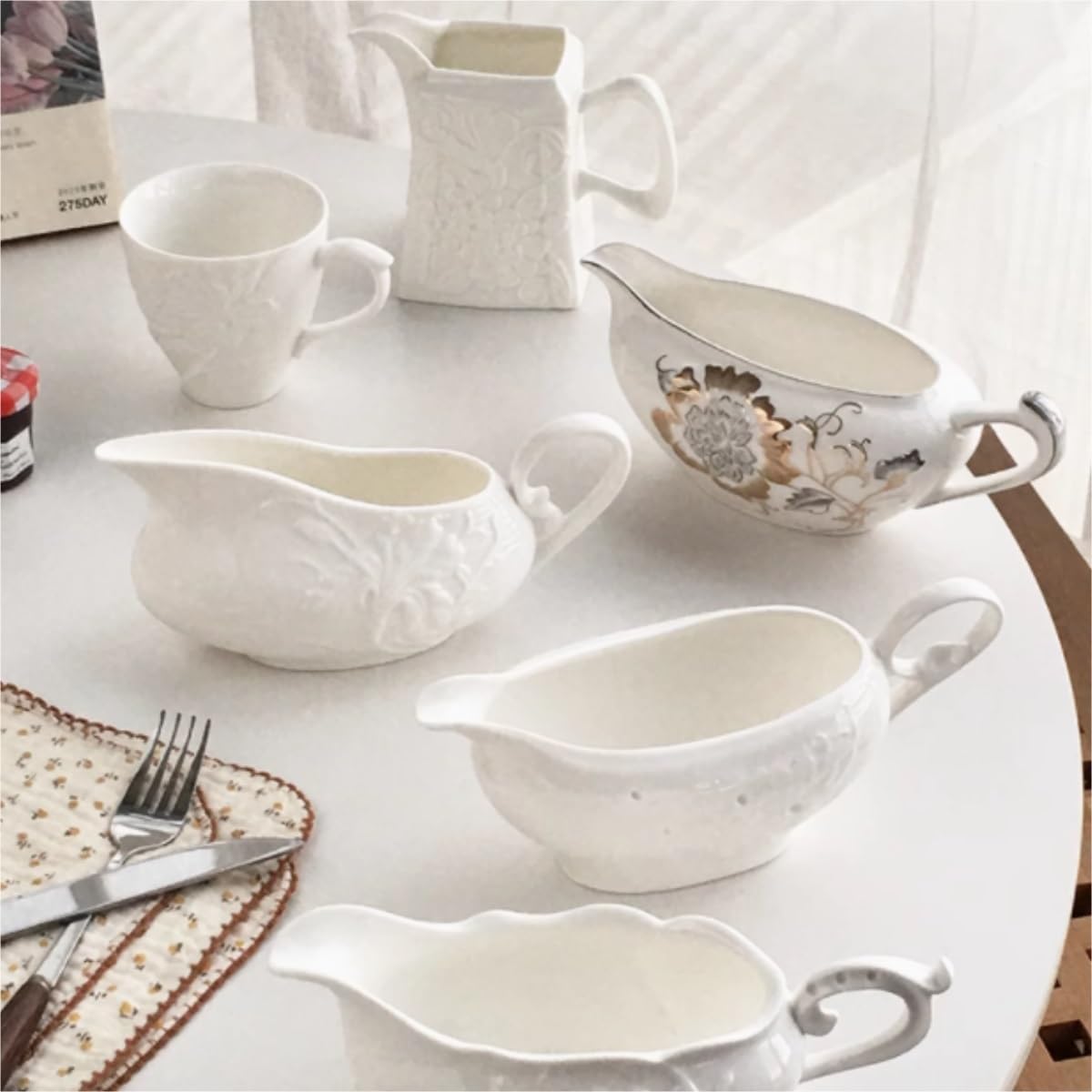 Salsiera Perfetta per Salse Tazza da caffè in Ceramica Bianca Pura, Brocca for Il Latte, Squisita Salsiera in Rilievo Medievale Francese Ristoranti E Feste