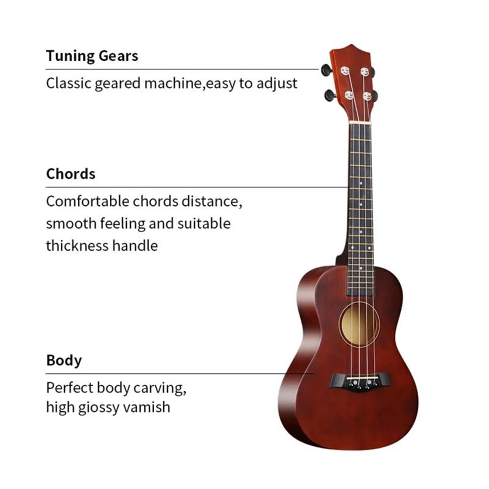 Ukulele Musikinstrumente 23 Zoll Akustik Ukulelen Set Mit Tasche Saiten Gurt Steg Nadel Kapodaster Plektrum Stimmgerät Komplett Aus Lindenholz Für Anfänger(Coffee)