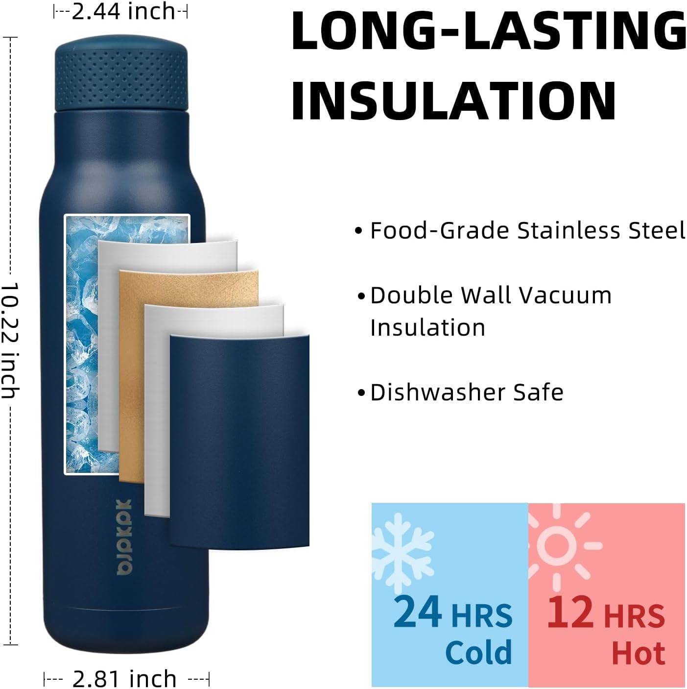 BJPKPK Stainless Steel Water Bottle,21oz insulated Reusable Bottle,Leakproof Metal Thermal Flask Double Wall,Keep Drinks Cold and Hot,Navy Blue - Image 3