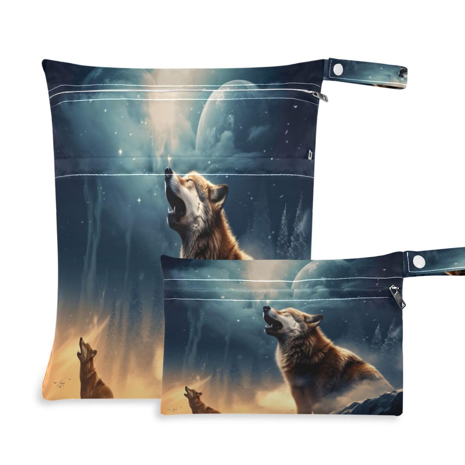 ATTX Wolf Wet Dry Bags 2-Pack - Reusable Cloth Diaper Storage for Travel, Beach & Gym | Multi-Use Waterproof Bags for Swimsuits, Baby Clothes, Sports Gear#531