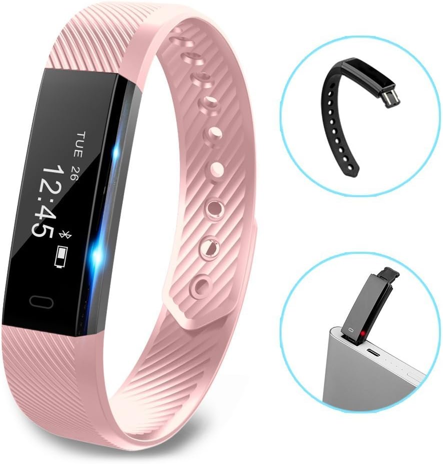 Fitness Tracker, LOLG Smart Waterproof Activity Tracker Health Watch with Pedometer Bluetooth Distance Calories Counter Sleep Monitor Camera Control etc for IOS &Android System (PINK)