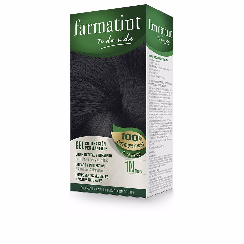Farmatint Gel 1N Negro | Color Natural y Duradero | Componentes Vegetales y Aceites Naturales | sin Amoníaco | sin Parabenos | Dermatológicamente Testado, 135ml