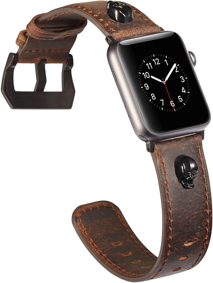 Watruer for Apple Watch Band, 42mm 44mm Genuine Leather iwatch Strap Replacement Band with Stainless Metal Clasp for Apple Watch Series 4 & 3 & 2 & 1 Sport and Edition (Terror Skull - Dark Brown)