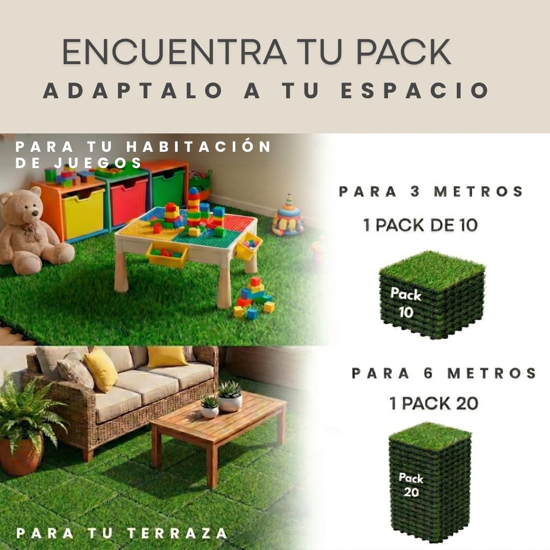 Losetas Jardin Exterior de Césped Artificial 30x30cm (Pack 10) – Cesped Para Jardín, Terraza y Patio – Suelo Verde con Drenaje e Instalación Fácil Para Balcón, Piscina y Espacios Al Aire Libre