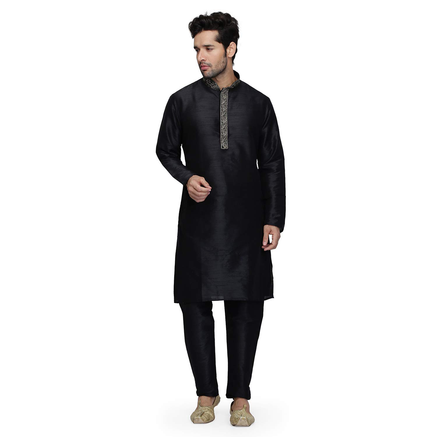 Kurta de mezcla de seda negro corte cómodo para caballero 7