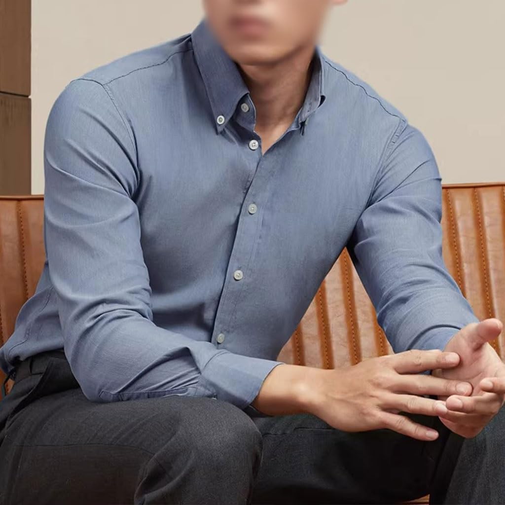 Camisa Formal De Negocios Manga Larga, Camisa De Hombre Ajustada Azul Denim De Otoño, con Cuello Abotonable