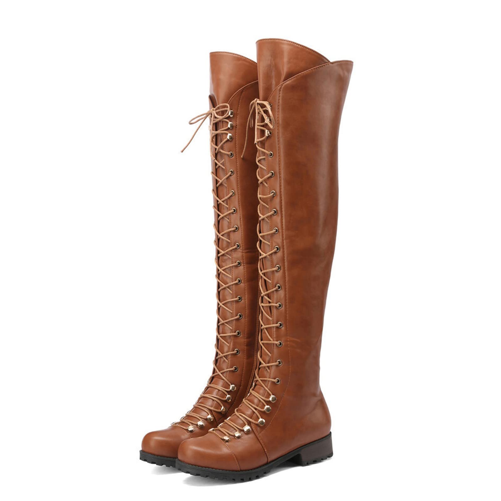 Genérico Bota Antiderapante Mujer Invierno Bota Punta Redonda Botas Tacón Cuadrado Bota Color Sólido Zapato Mollets Anchas Botas Largas De Paseo Botas Botas Botas Con Cordones Mujer Cuero A Tacón