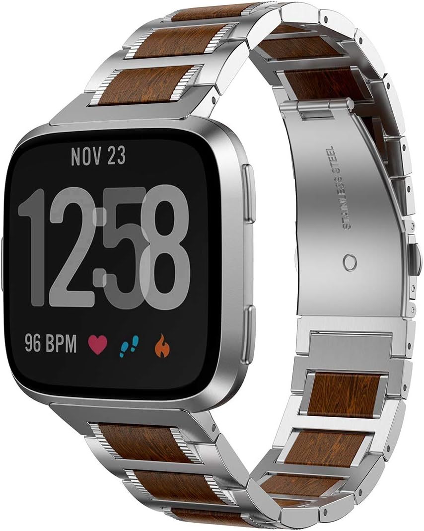 Authentic Crazy Deals LDFAS Wood Band Compatible for Fitbit Versa 2 Bands, Red Sandalwood Stainless Steel Metal Women Men Strap Compatible for Fitbit Versa Special/Lite/Versa 2 Smartwatch, Silver