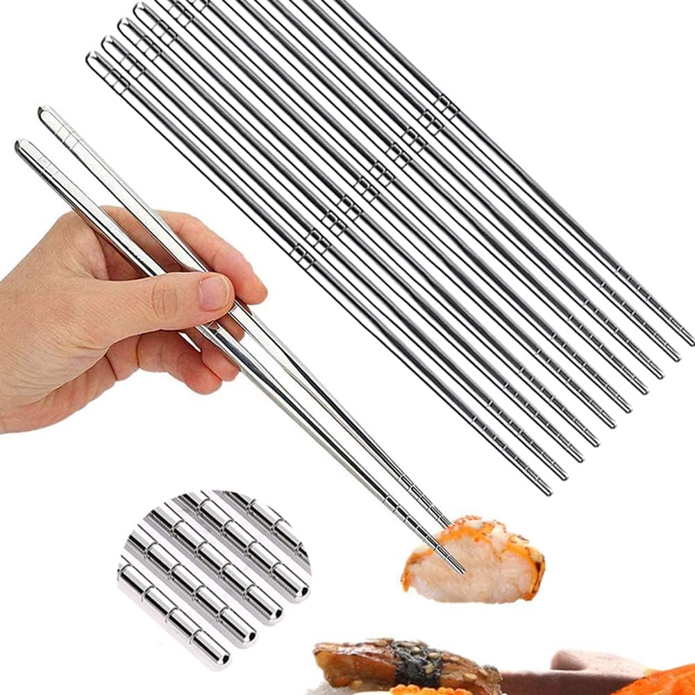 5 Pairs Metal Chopsticks, Stainless Steel Chopsticks Set,Reusable,Lightweight 304 Non-Slip Metal Chop Sticks Dishwasher Safe,Japanese Korean for Cooking 8.9 Inch (Silver)