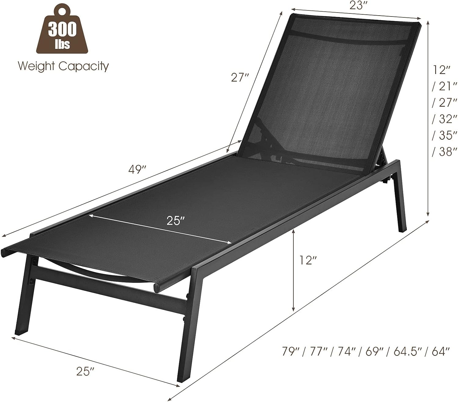 Giantex Chaise Lounge Chair Patio Chaise Lounger with 6-Position Adjustable Backrest and Breathable Fabric, Outdoor Recliner for Patio, Poolside, Backyard and Garden (1, Black)