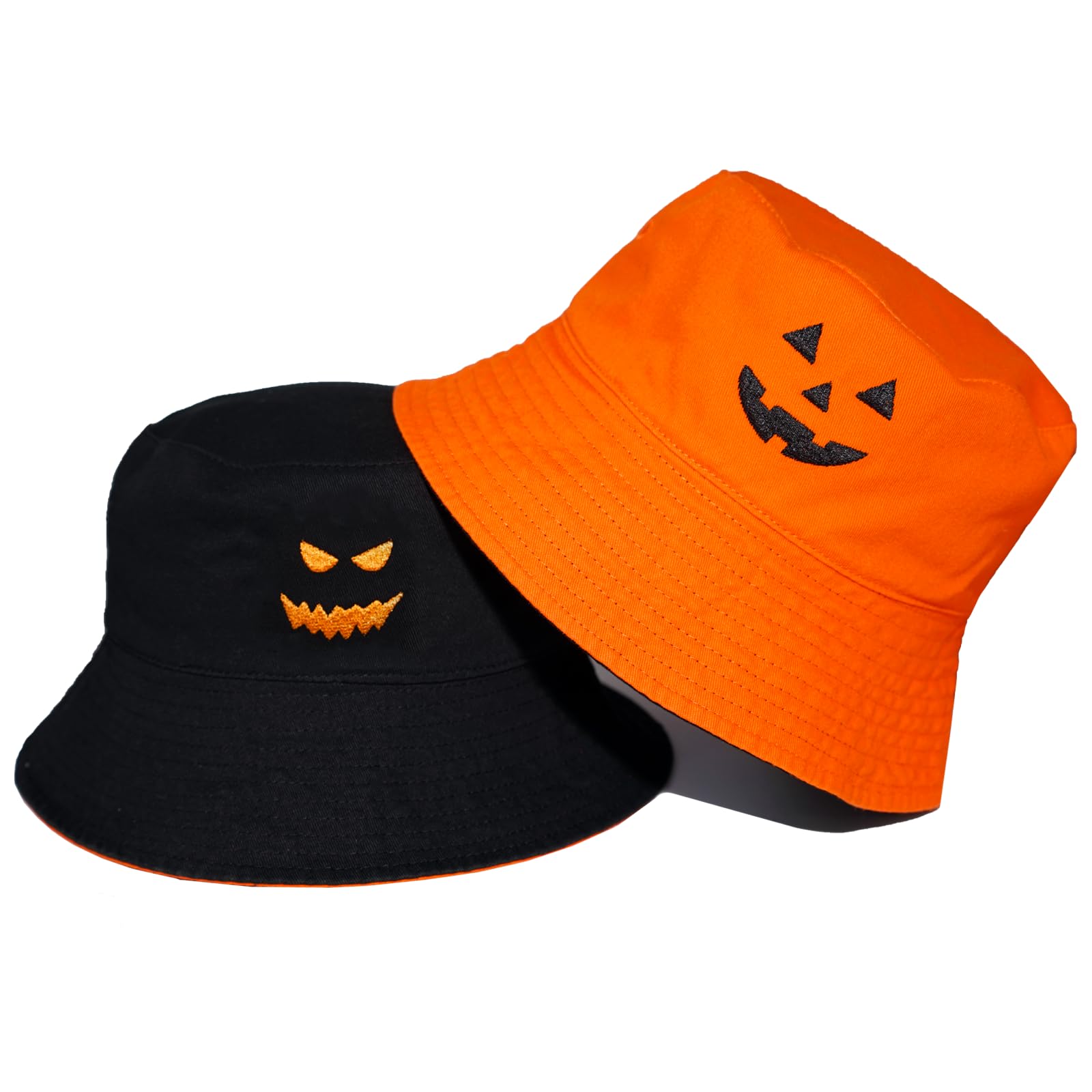 Halloween Pumpkin Bucket Hat for Women and Men- Reversible Sun hat with Jack O' Lantern Face on Front & Back (Orange Black)