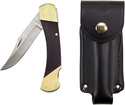 Klein Tools 44037 Sportsman Knife 3-3/8-Inch Stainless Steel Sharp Point Blade, Wood With Brass
