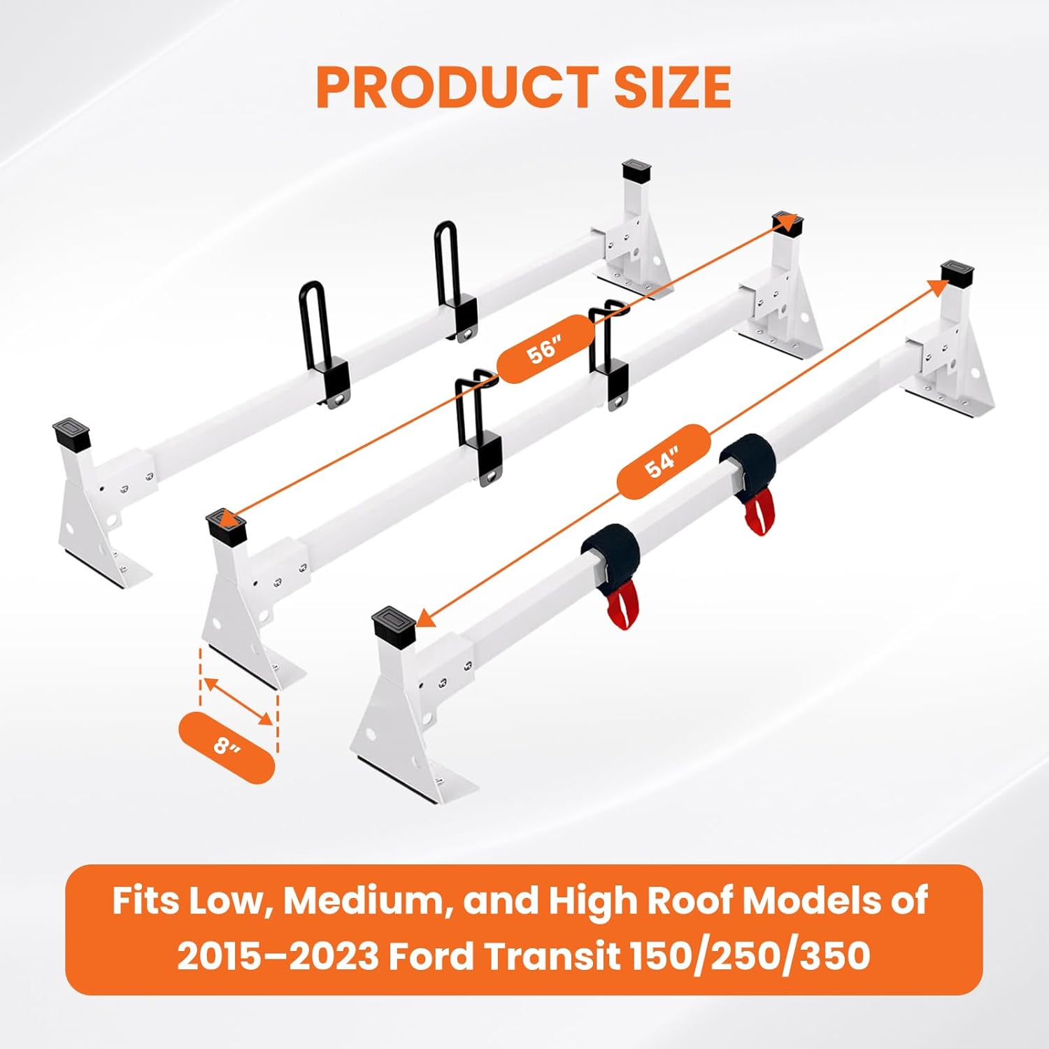 54" Van Roof Ladder Rack for 2015–2025 Ford Transit 150/250/350, Heavy Duty Steel Cargo Van Ladder Rack with 3 Crossbars, 820 lbs Load Capacity, No-Drill Installation, Fits Low/Mid/High Roof