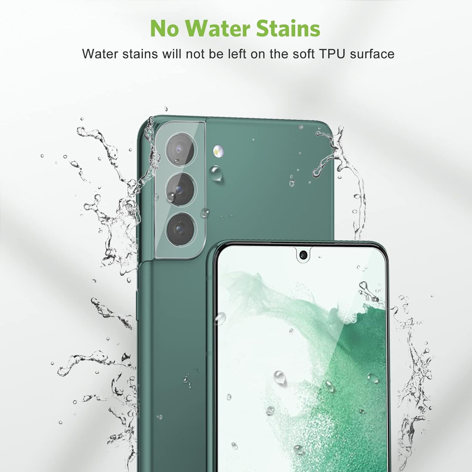 Samsung Galaxy S22 with screen and camera protector, showing no water stains