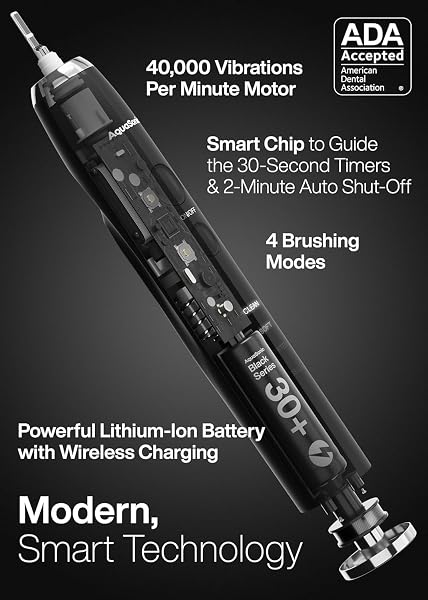 Aquasonic Black Series Ultra Whitening Toothbrush – ADA Accepted Electric Toothbrush- 8 Brush Heads & Travel Case – 40,000 VPM Electric Motor & Wireless Charging - 4 Modes w Smart Timer - 4