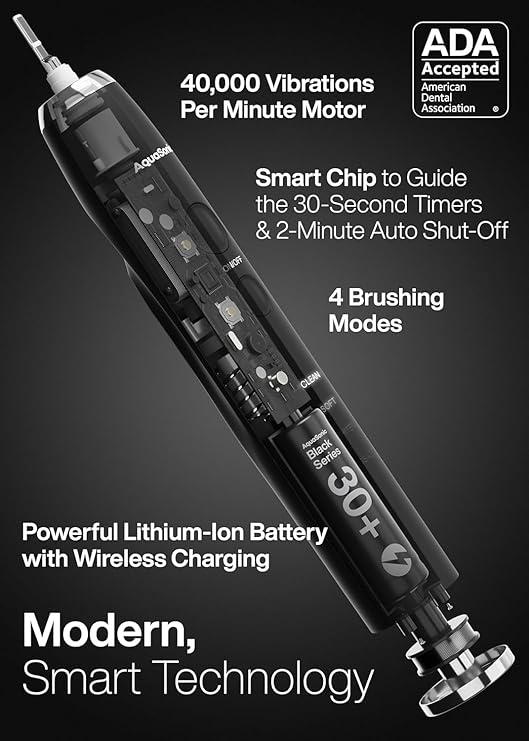 Aquasonic Black Series Ultra Whitening Toothbrush ADA Accepted Electric Toothbrush- 8 Brush Heads & Travel Case 40,000 VPM Electric Motor & Wireless Charging - 4 Modes w Smart Timer