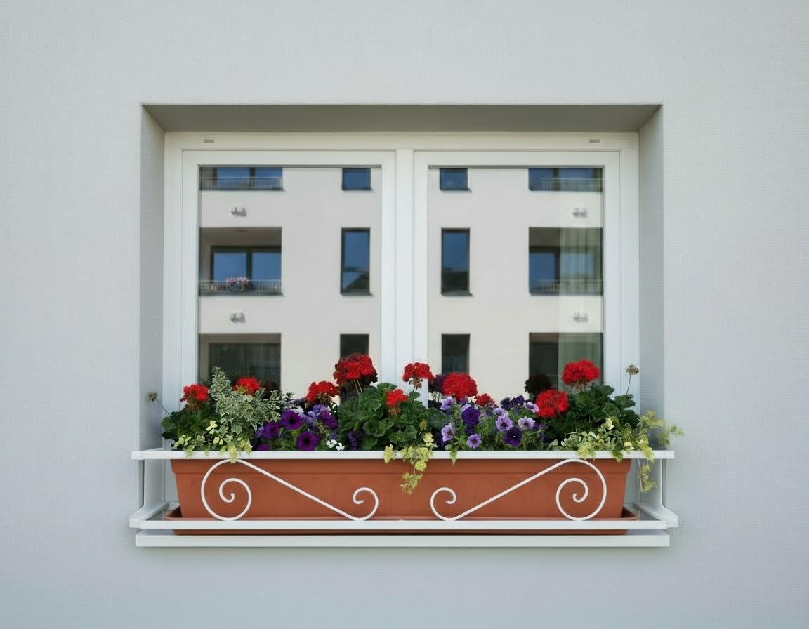 Balconcillo para Macetas Extensible 100-140 cm, Balconcillo para Plantas, Portamacetas Ventana, Protector de macetas, Modelo Volutas, Blanco