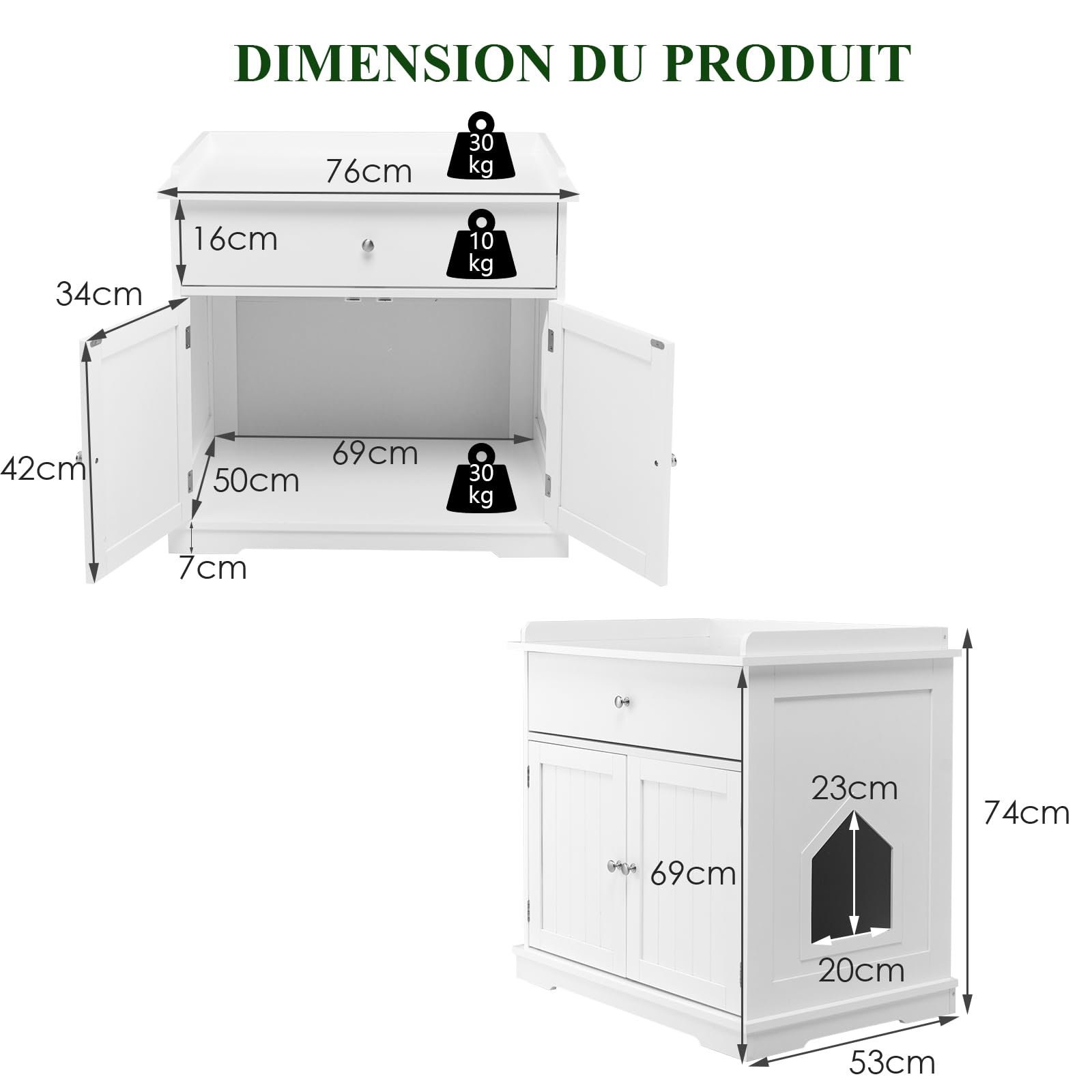 SOARS Mobile Lettiera per Gatti con 2 Ante e Cassetto, Armadio per Gatto in Legno con Ingresso Laterale, Grotta Rifugio Multiuso per Soggiorno, Camera da Letto e Ingresso, 76 x 53 x 74 cm (Bianco)