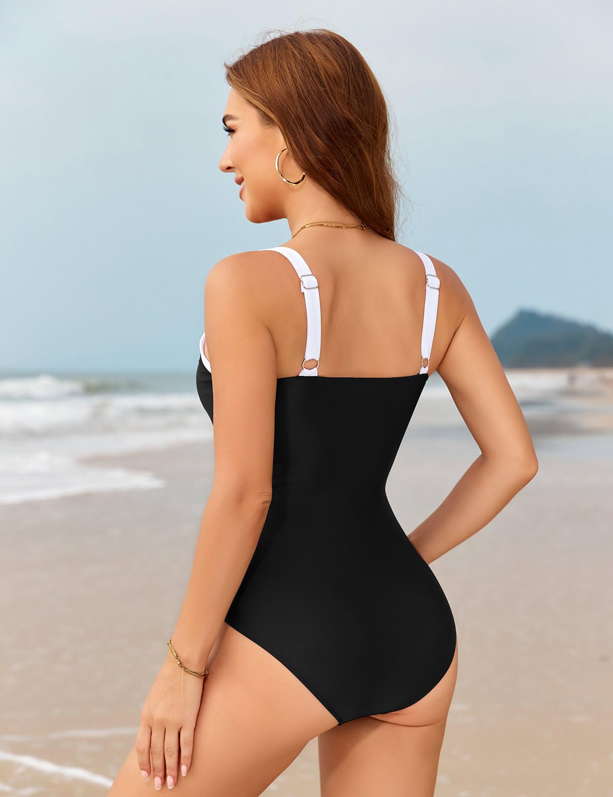 Nadeer Bañador Mujer Reductor Push Up Traje de Baño de Una Pieza Cuello en V Control de Barriga Swimwear Vientre Plano Swimsuit para Piscinas de Playa