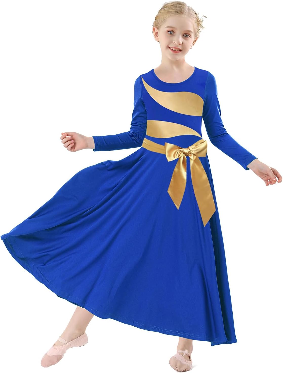 Girls Praise Dance Dress Irregular Gold Metallic Long Sleeve Liturgical Worship Church Lyrical Dance Costume