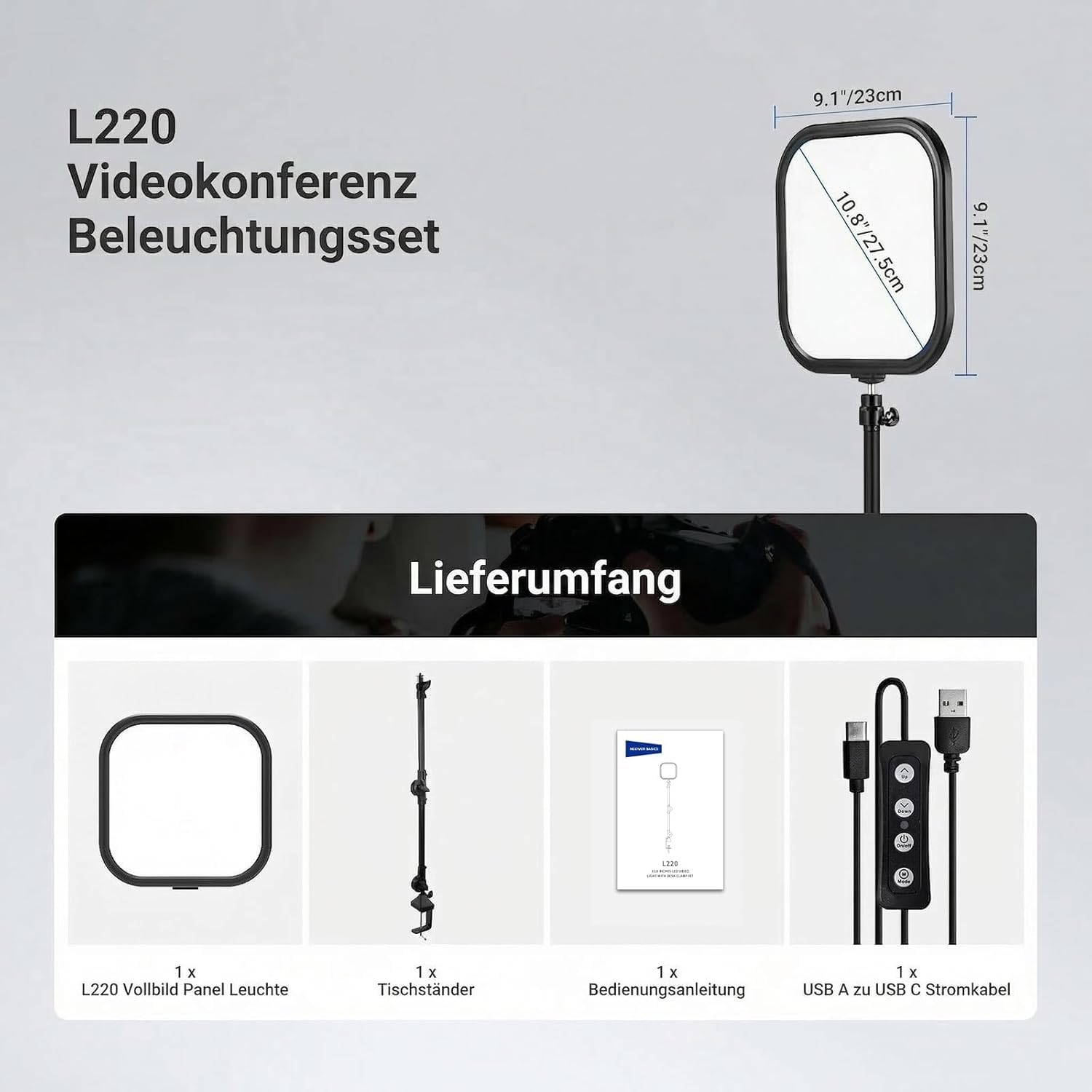 NEEWER Basics 10,8" Videokonferenz Licht mit Tischklemme, 15W, zweifarbig, randbeleuchtet, dimmbar, CRI95+ für Videoaufnahmen, Computer, Laptop, Zoom Anrufe, L220