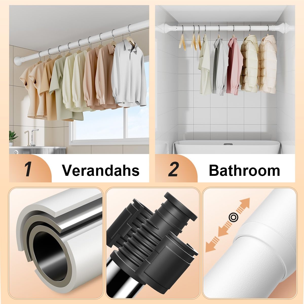 Exble Barra de ducha ajustable sin taladro Ø 3 m para armario de baño (SUS 110190 cm4474 pulgadas)