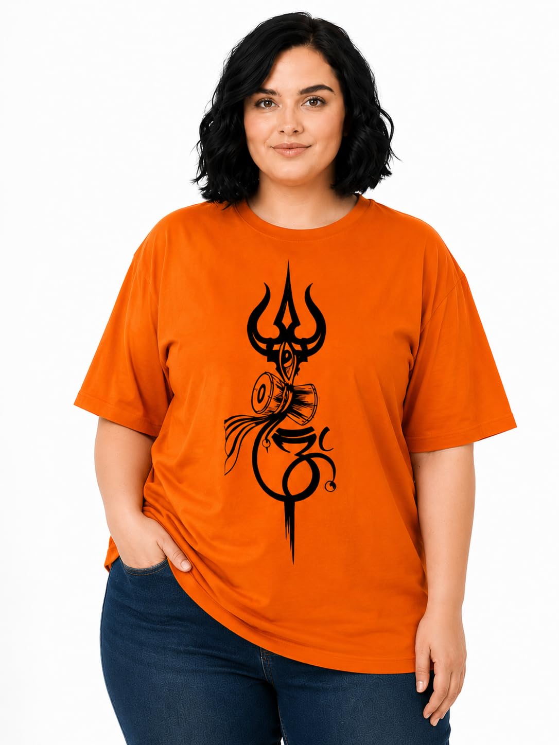 Women's Orange Shiva Trishul Om Printed Plus T-Shirt-picture-41