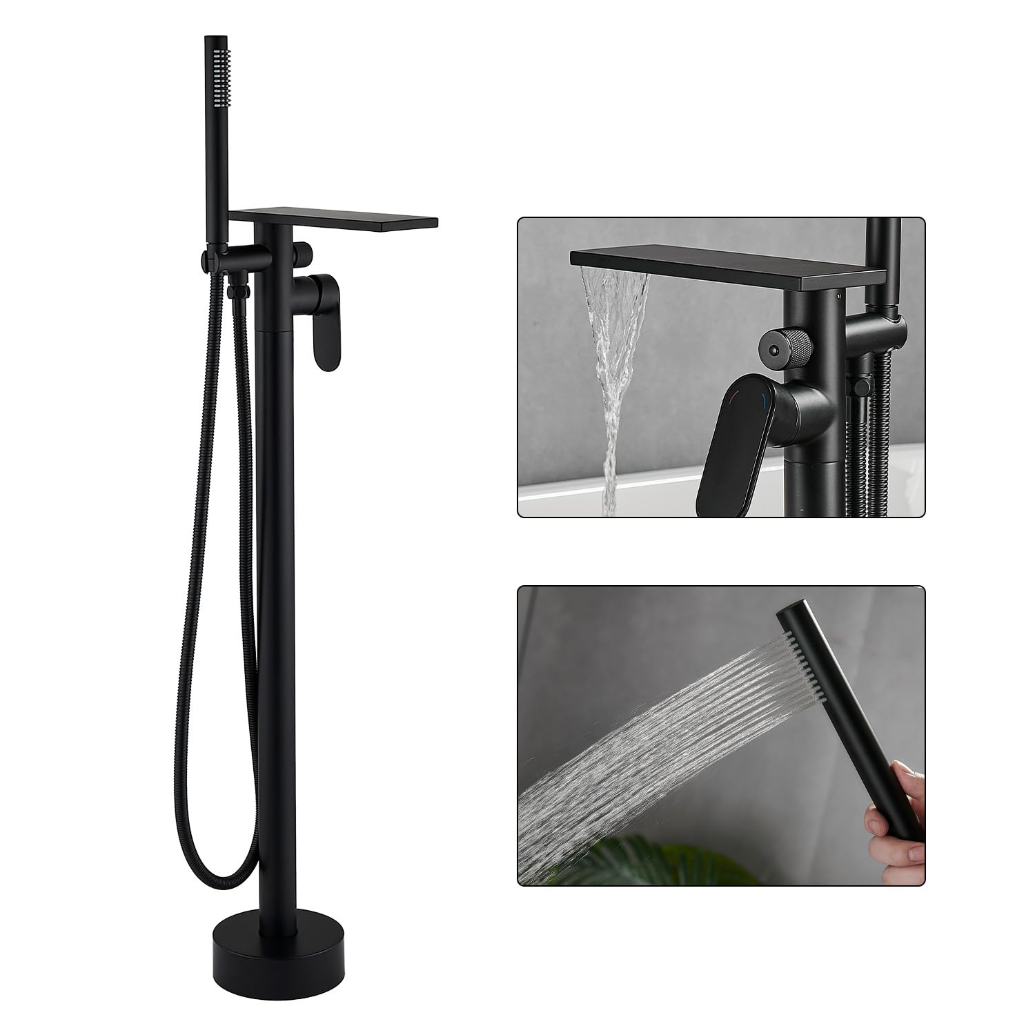 FBUKE Free Standing Tub Taps, Floor Mount Freestanding Bath Tap, Waterfall Stand Alone Bathtub Filler, High Flow Bathtub Shower Mixer Tap, Matte Black