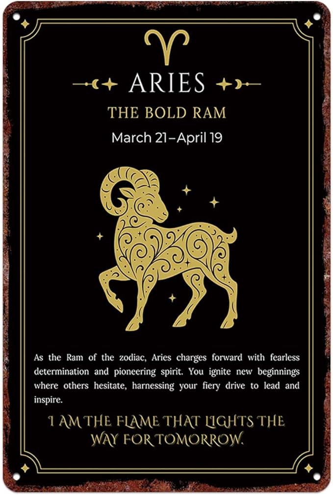 BGUXIG Vintage Metal Signs Aries Zodiac Art with Golden Ram Illustration Posters Wall Art Print for Office Dorm Man Cave Garage Decor 8X12inch