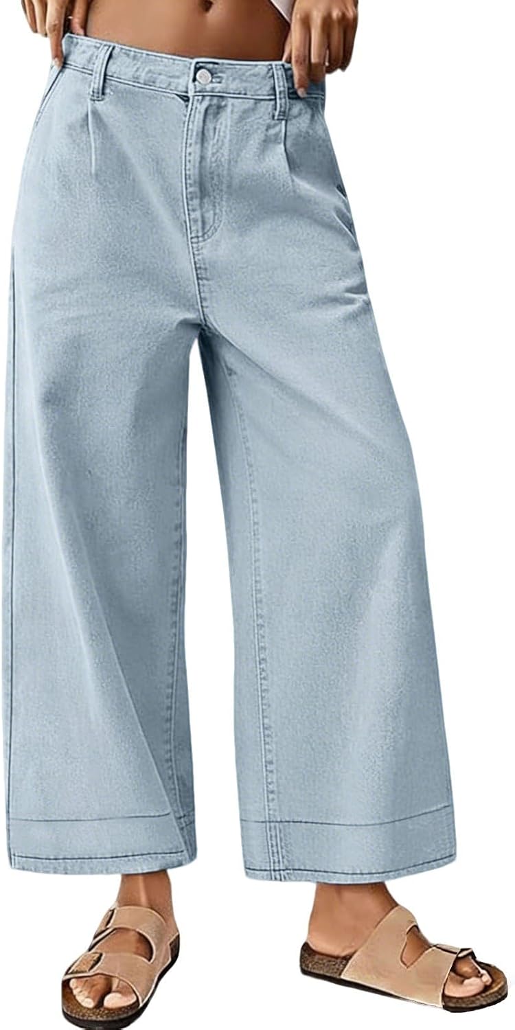 loveimgs Women Baggy Mid Rise Wide Leg Cropped Jeans Capris Denim Pants Y2k Boho Palazzo Jeans Ankle Pants Sweatpants
