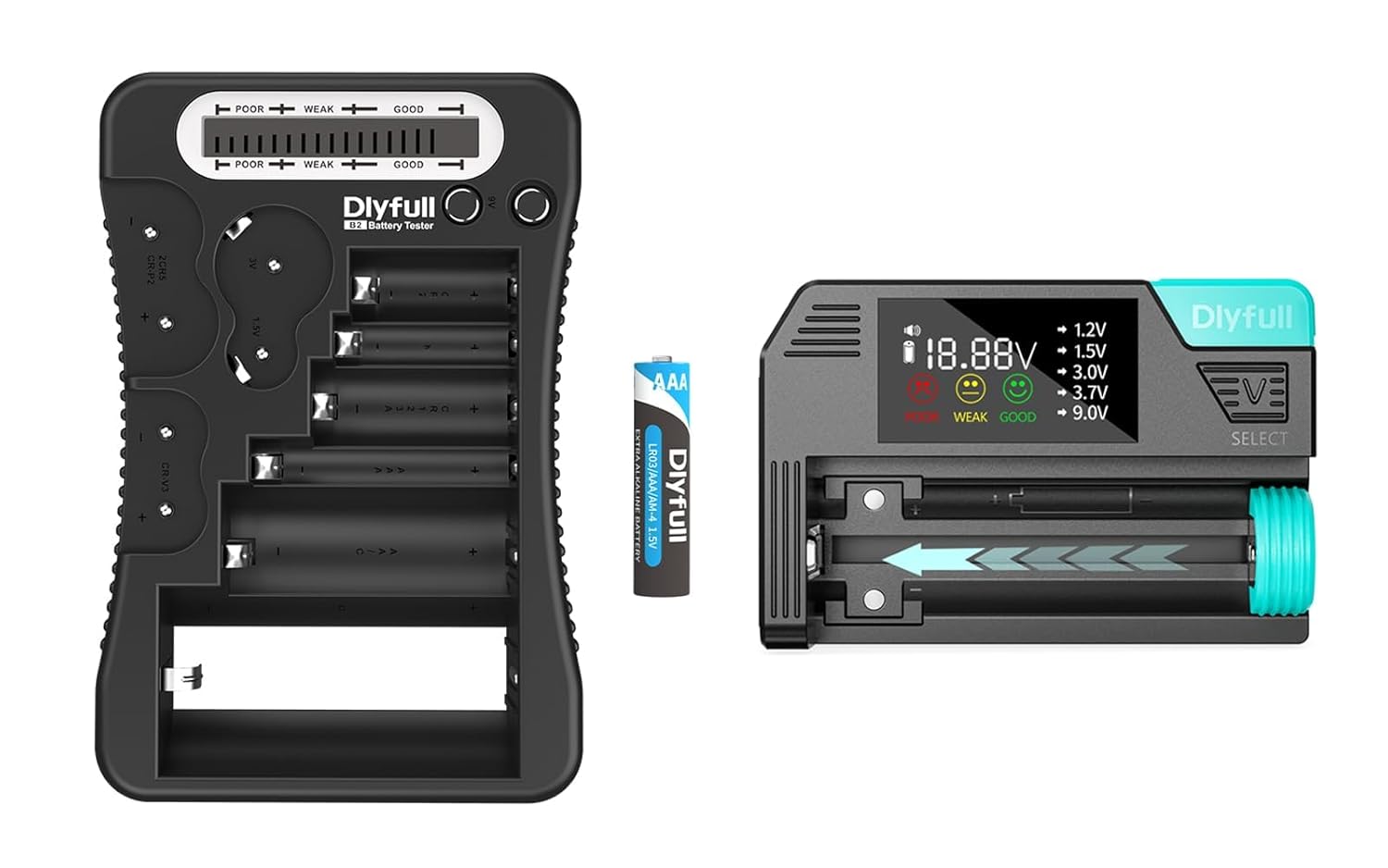 Dlyfull DB1 Small Universal Battery Tester and B2-Black Battery CheckerCheck, 1x AAA Batteries Included, Cable Included