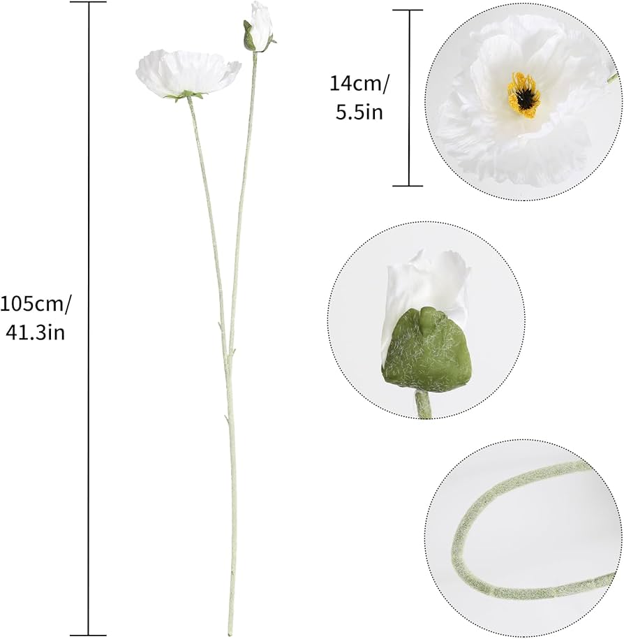 Amazon｜Fqueelvys ポピーフラワー 人工、6個 フェイクホワイトポピー