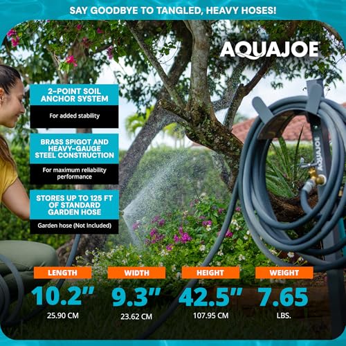 Aqua Joe Steel Garden Hose Stand with Brass Faucet and Quick Install Anchor Base, Gray - Heavy-Duty Standing Tool for Garage, Backyard, and Patio - Outdoor Gardening System Accessories - Thumbnail 3