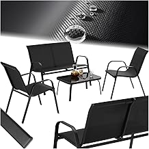 TecTake 4-Piece Garden Lounge Set, Outdoor Garden Set with 2 Armchairs, 1 2 Seater Sofa, Coffee Table, Glass Top, Breathable and Water Repellent Textilene, Steel Frame - Black