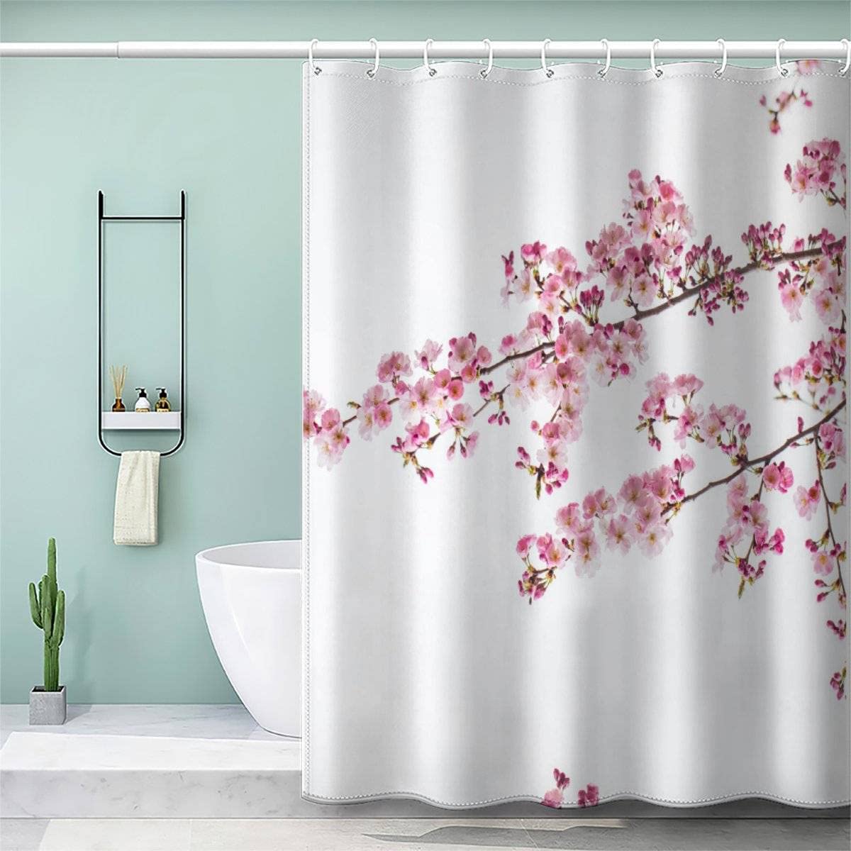 AOLIGL 3D Printed Blooming Cherry Tree Cherry Blossoms Shower Curtains with 12 Hooks Pink White Weighted Shower Curtain 200x200 Art Deco Luxury Shower Curtain with Eyelets