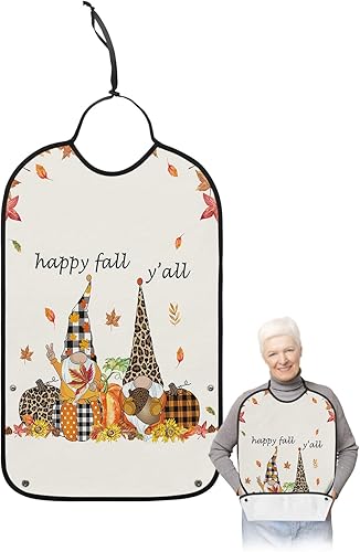 Adult Bibs Maple Leaf Pumpkin Gnomes Reusable Waterproof Adult Bibs with Crumb Catcher Happy Fall Y'all Dining Clothing Protectors for Elderly Women