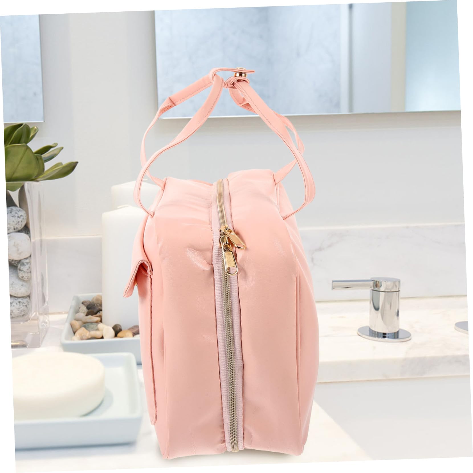 Hängender Reise Kulturbeutel aus Pu Leder in Rosa mit Griff | Mehrere Fächer und Taschen, Große Kapazität, Tragbar für Outdoor und Reise