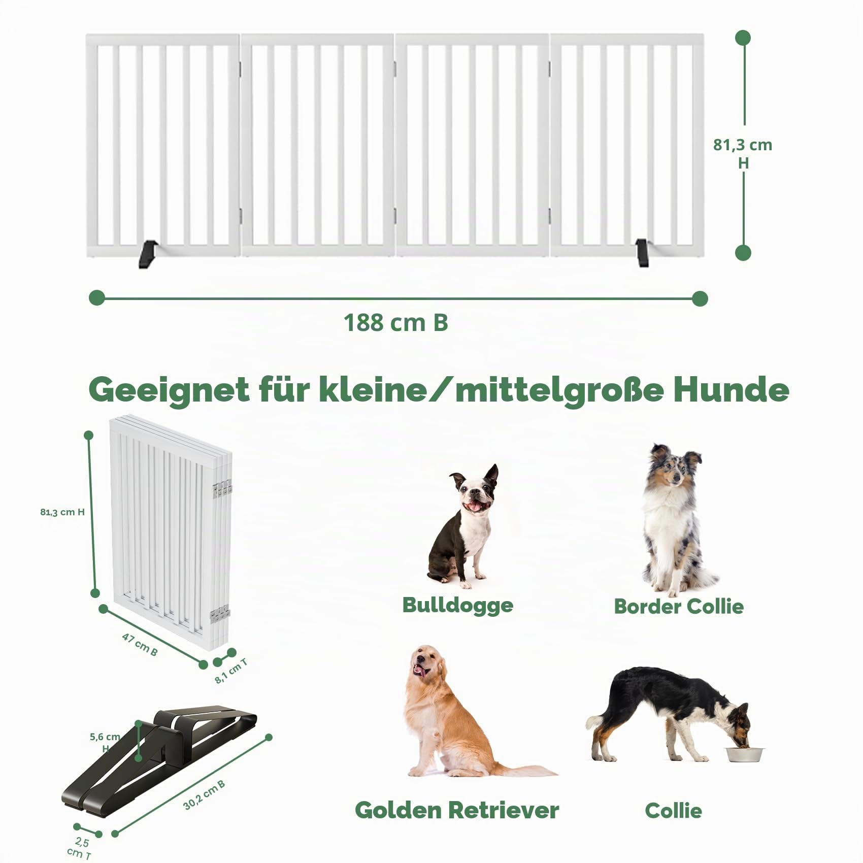 Hundegitter freistehend faltbar 4 Paneele Metallstützfüße Raumteiler Weiß