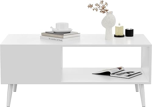 Yusong Mesa de centro moderna de madera para sala de estar, mesas centrales retro de mediados de siglo, mesa de cóctel con estante de almacenamiento